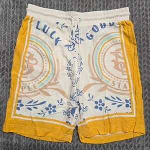 Staple Pigeon Mens XL Rayon Scarf Print Shorts Yellow Cream Crest Summer‎ Casual